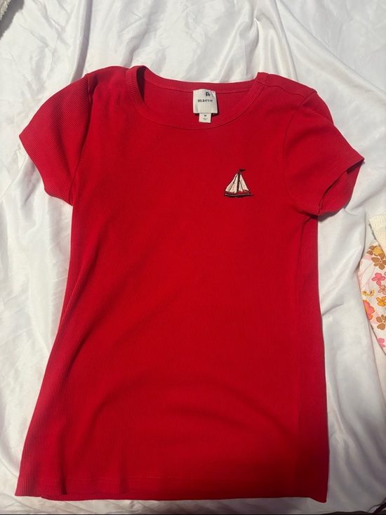 Maeve Other - Maeve Bright Red Ribbed Tee with Sailboat Embroidery